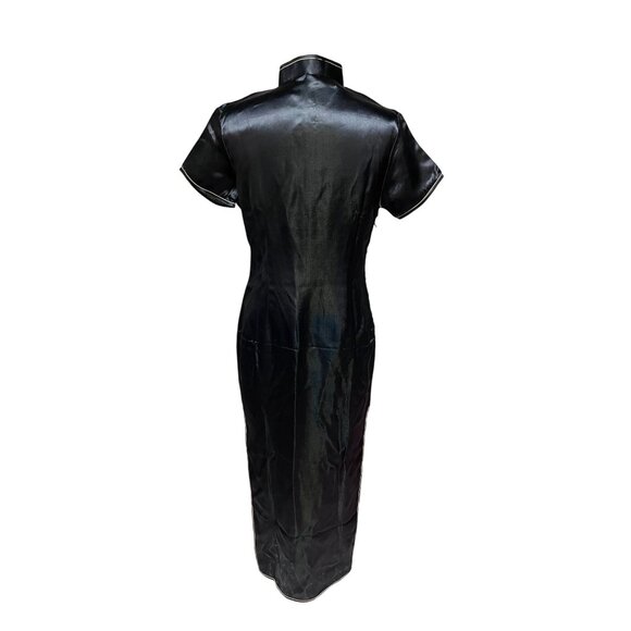 Black Satin NWT Dragon & Phoenix Embroidered Qipao Cheongsam Maxi Dress S/M - Picture 4 of 10